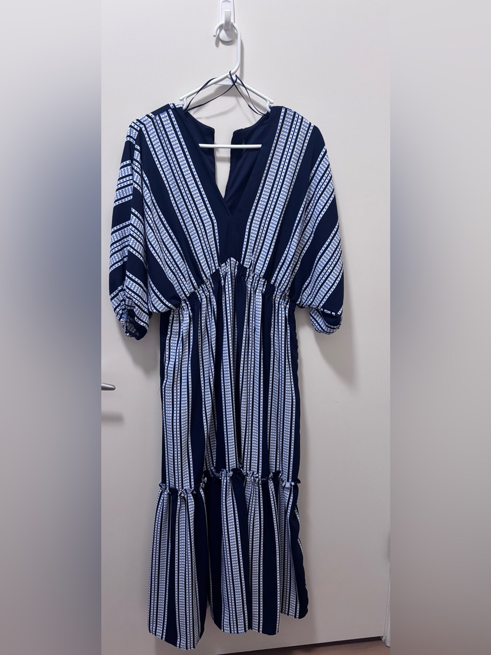 Taylor Navy and White Striped V-Neck Dress